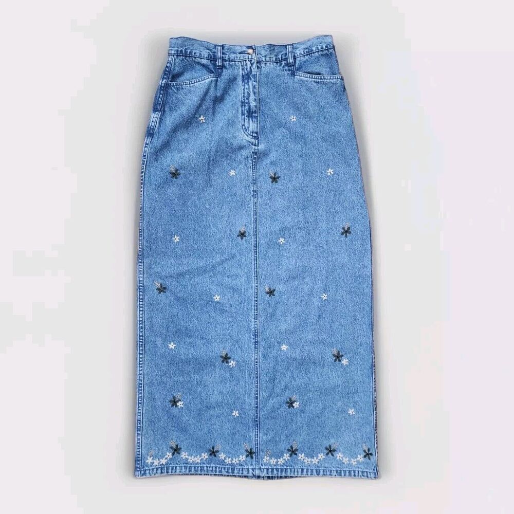 Christopher and Banks Denim Maxi Skirt Hand Embroidered & Beaded - Size 10